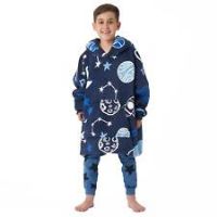 Dreamscene Space Print Hoodie Blanket Soft Fleece Oversized Kids Throw - Navy