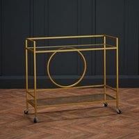 GATSBY DRINKS TROLLEY GOLD FINISH GLASS TOP HANDY WHEELS DECO SHELF COCKTAIL BAR