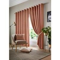 Orange Eyelet Curtains Lined Geometric Jacquard Ready Made Ring Top Pairs