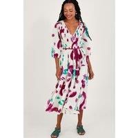 Abstract Brushstroke Print Shirred Midi Dress