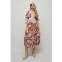 Satin Lace Tea Midi Dress In Floral