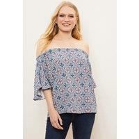 Petite Blue Geo Printed Bardot Top