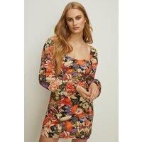 Belted Floral Printed Square Neck Mini Dress