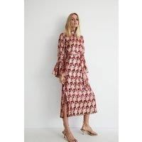 Border Print Sparkle High Neck Belted Dress