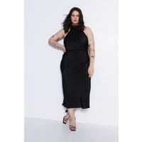 Plus Size Satin Halter Neck Backless Slip Dress