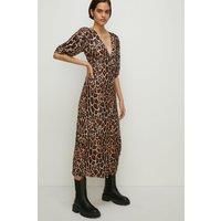 Animal Print Puff Sleeve Button Midi Dress