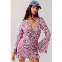 Floral V Neck Ruched Front Mini Dress