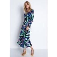 Swirl Print Velvet Plunge Neck Midi Dress