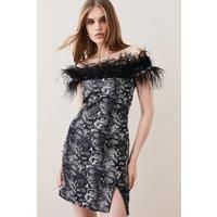 Snake Jacquard Feather Bardot Mini Dress