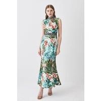 Diamante Trim Palm Floral Woven Midi Dress