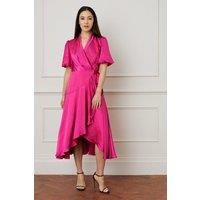 Womens Satin Balloon Sleeve Wrap Midi Dress