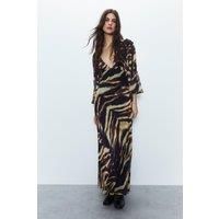 Animal Print Fluted Sleeve Plunge Maxi Dress