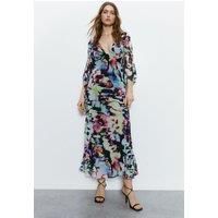 Abstract Print Fluted Sleeve Plunge Maxi Dress