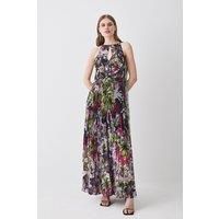 Corset Detail Floral Pleated Halter Woven Maxi Dress