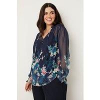 Womens Curve Navy Floral Border Print Blouse