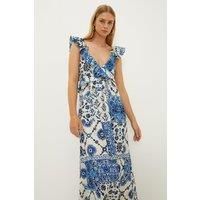 OASIS Petite Ruffle Strap Tie Back Printed Broderie Dress