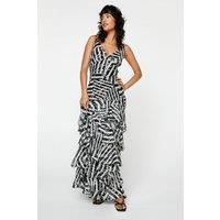 Strappy Ruffle Abstract Metallic Maxi Dress