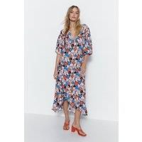 Floral Plunge Asymmetric Hem Midi Dress