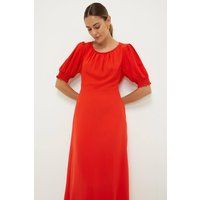 Red Shirred Cuff Midi Dress