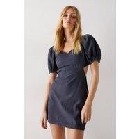 Denim Chambray Tie Back Puff Sleeve Mini Dress