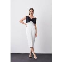 Italian Structured Rib Bow Bodice Midi Pencil Dress