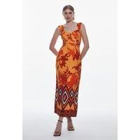 Linen Viscose Placed Boarder Print Woven Midi Dress