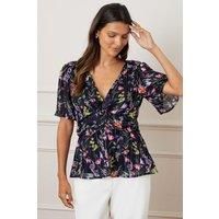 Floral Ruffle Sleeve Twist Blouse