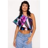 Tie Dye Print Satin Twill One Shoulder Blouse