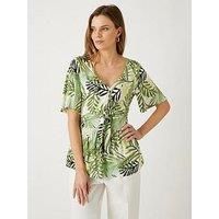 Cream Tropical Leaf Tie Front Angel Sleeve Jersey Top