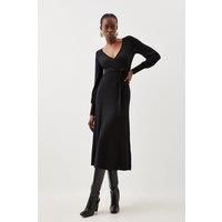 Cashmere Blend Wrap Full Sleeve Belted Knit Midi Dress