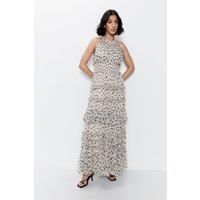 Polka Dot Printed Tulle Keyhole Halter Maxi Dress