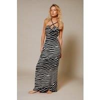 Rayon Zebra Rope Halter Neck Maxi Dress