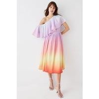 Sunset Ombre Print One Shoulder Midi Dress