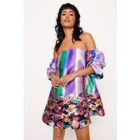 Floral Border Print Satin Twill Bardot Mini Dress