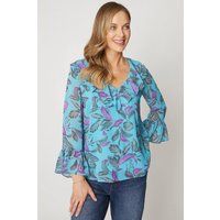 Blue Leaf Chiffon Ruffle Sleeve Top