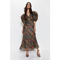 WAREHOUSE Floral Paisley Print Puff Sleeve V Neck Dress