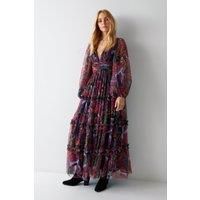 Paisley Tulle Balloon Sleeve Tiered Maxi Dress