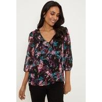 Petite Black Floral Ruffle Front Top