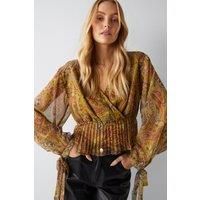 Paisley Print V Neck Pleat Hem Chiffon Blouse