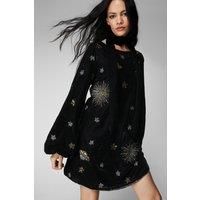 Celestial Embellished Velvet Neck Tie Mini Dress