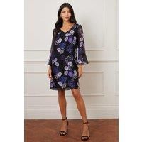 Silk Mix Floral Flute Sleeve Shift Dress