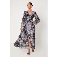 Printed Metallic Chiffon Midaxi Dress