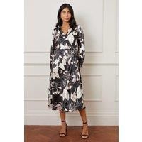 Womens Floral Satin Wrap Midi Dress