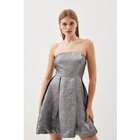 Silver Metallic Jacquard Twill Strappy Woven Mini Dress