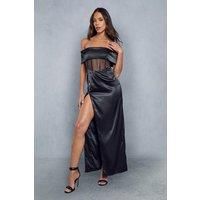 Satin Off The Shoulder Mesh Corset Insert Maxi Dress