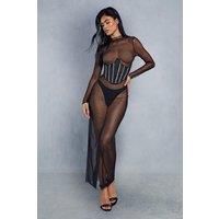 MISSPAP Mesh Diamante Trim Corset Sheer Long Sleeve Maxi Dress