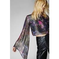 Metallic Marble Flare Sleeve Crop Top