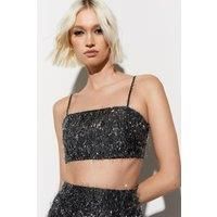 Premium Textured Tinsel Jacquard Strappy Crop Top