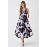 Printed Twill Midi Dress With Embroidered Flowers