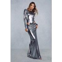 Metallic Plisse Open Back Bodysuit & Maxi Skirt Co Ord